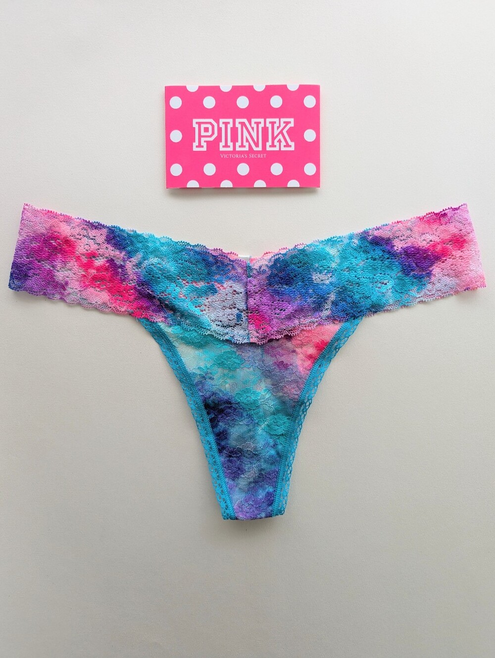Nwt VS PINK purple blue tie dye lace Thong Panty Medium new rare rainbow